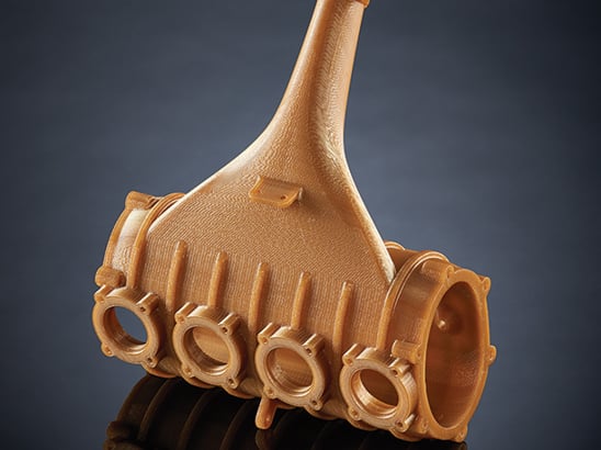 This functional prototype of an automotive intake manifold demonstrates ULTEM™ 1010 resin’s rugged capabilities: the highest heat resistance, chemical resistance and tensile strength of any FDM® material. ULTEM™ 1010 resin combines excellent strength with thermal stability for advanced tooling, biocompatibility and food-contact certification.